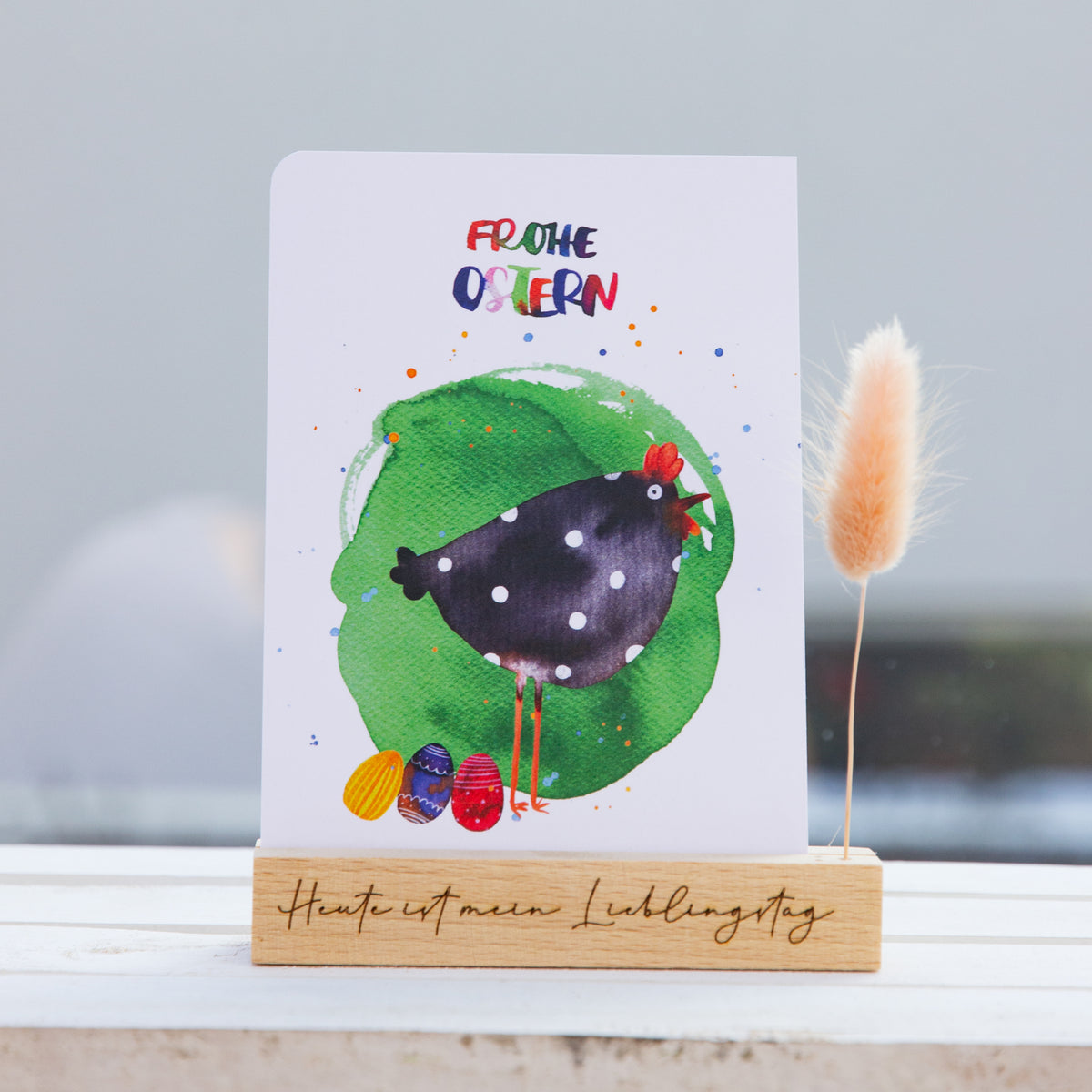 Osterkarte lustige Aquarellmotive Dackel, Huhn, Hase und Frosch