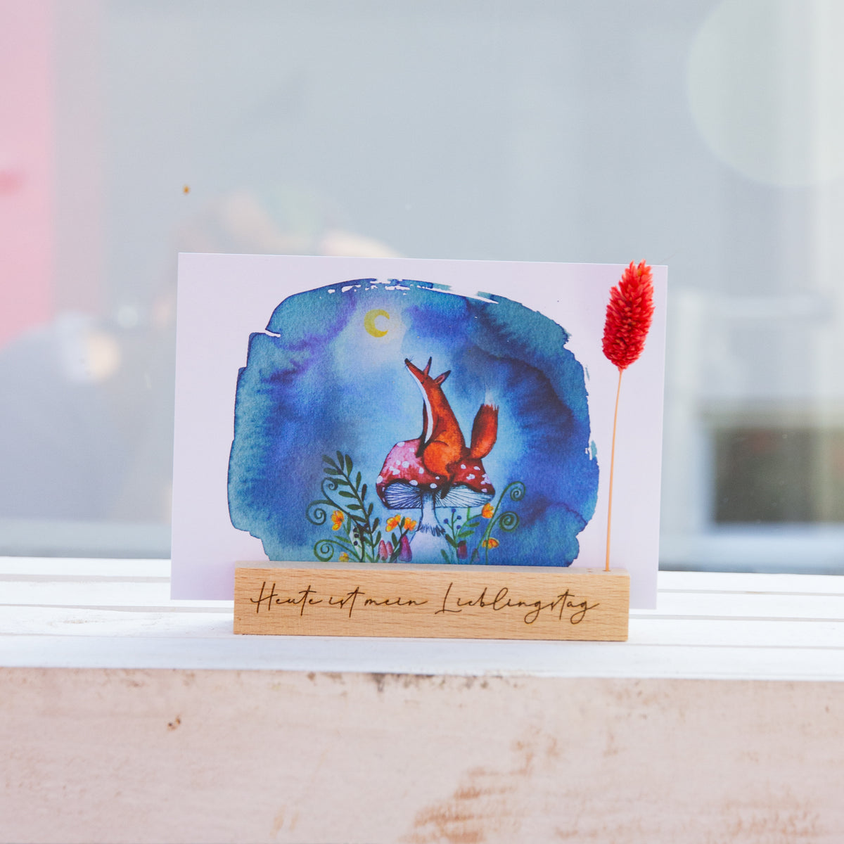 Postkarte mit "Fuchs auf Pilz"
