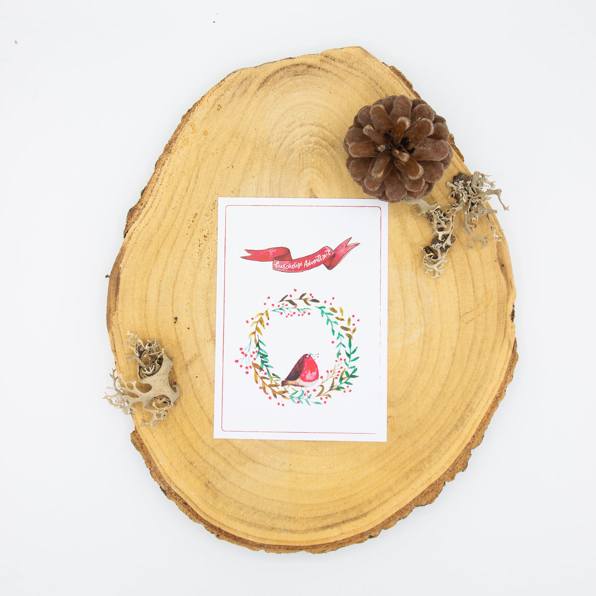 Weihnachtskarte Rotkehlchen im Kranz